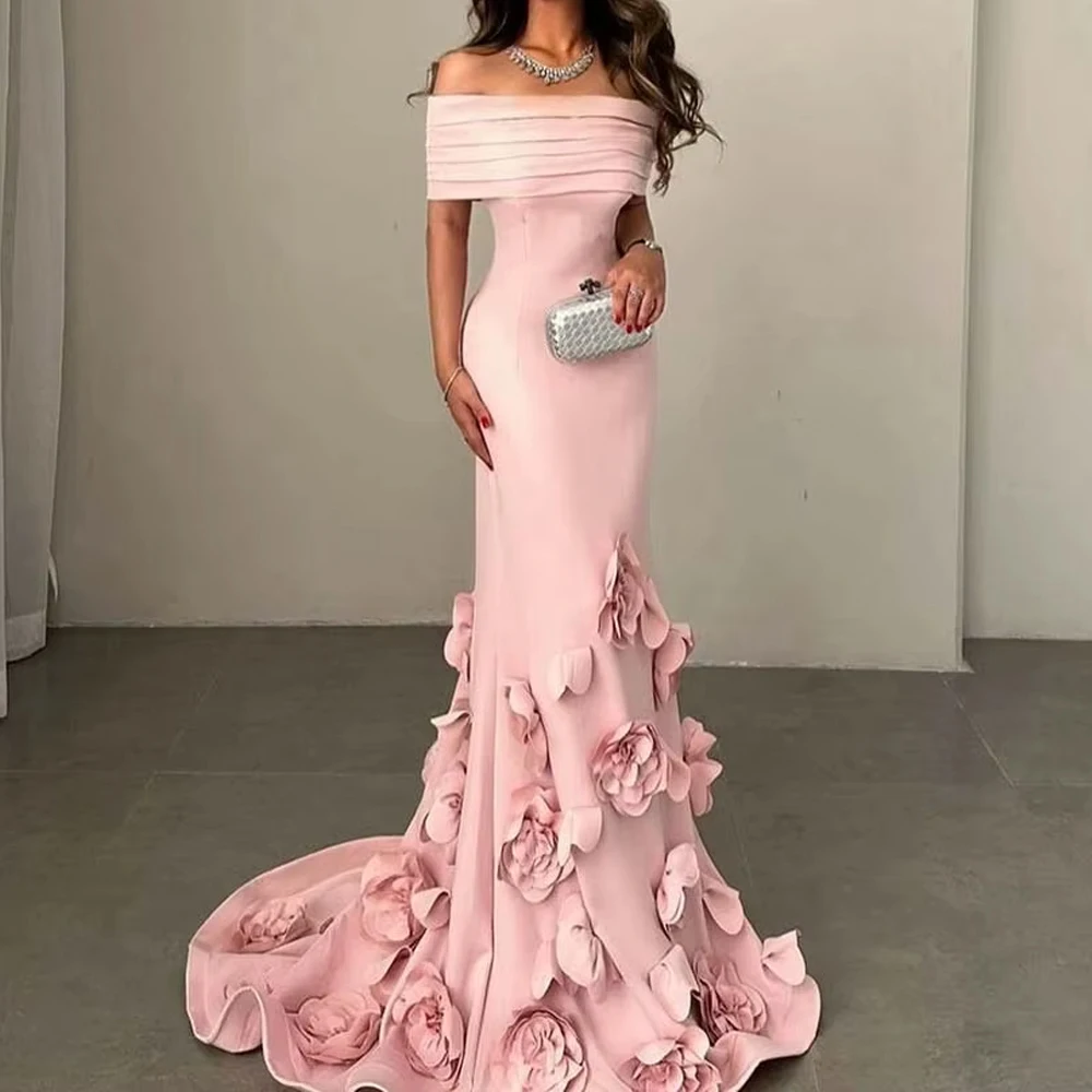

Customized Pink Crepe Evening Dress 3D Flowers Mermaid Elegant Prom Party Dress Arabic Formal Prom Dresses