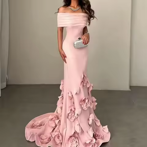 Customized Pink Crepe Evening Dress 3D Flowers Mermaid Elegant Prom Party Dress Arabic Formal Prom Dresses