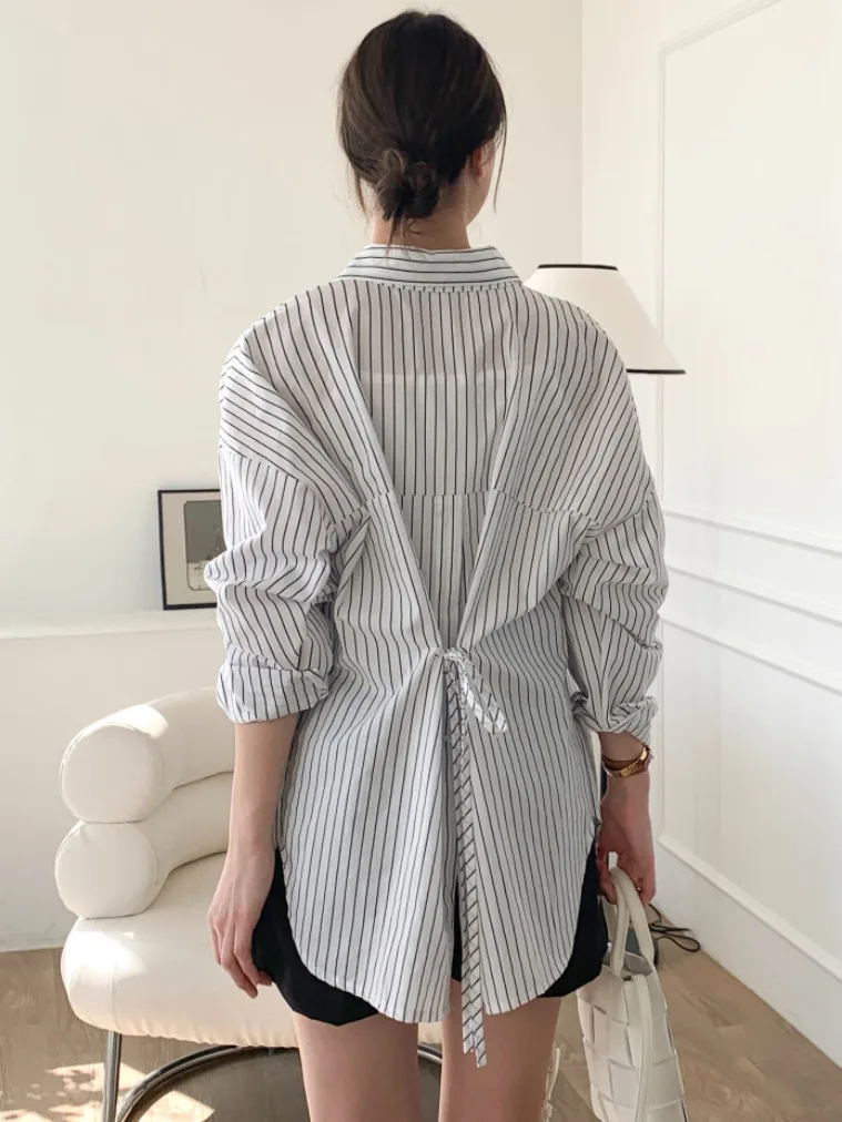 Chic Casual Striped irt Coat Loose Long Sve Women's Faion Ba Split Belted Design Autumn New Sle Commute Pure E-com...