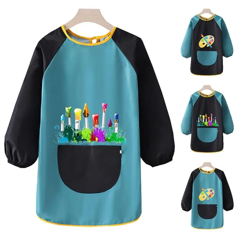 Kids Waterproof Painting Aprons with Big Pocket Adjustable Long-Sleeved Art Smocks for Writing Painting Cooking Pottery School