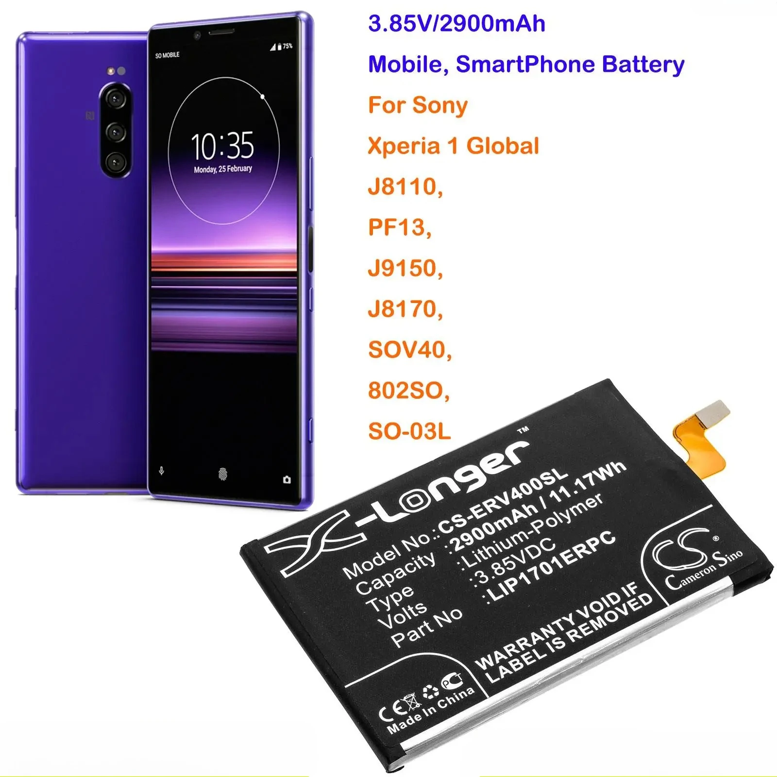 100% nuevo 2900mAh móvil, batería de teléfono inteligente LIP1701ERPC para Sony Xperia 1 Global,J8110,PF13,J9150,J8170,SOV40,802SO,SO-03L