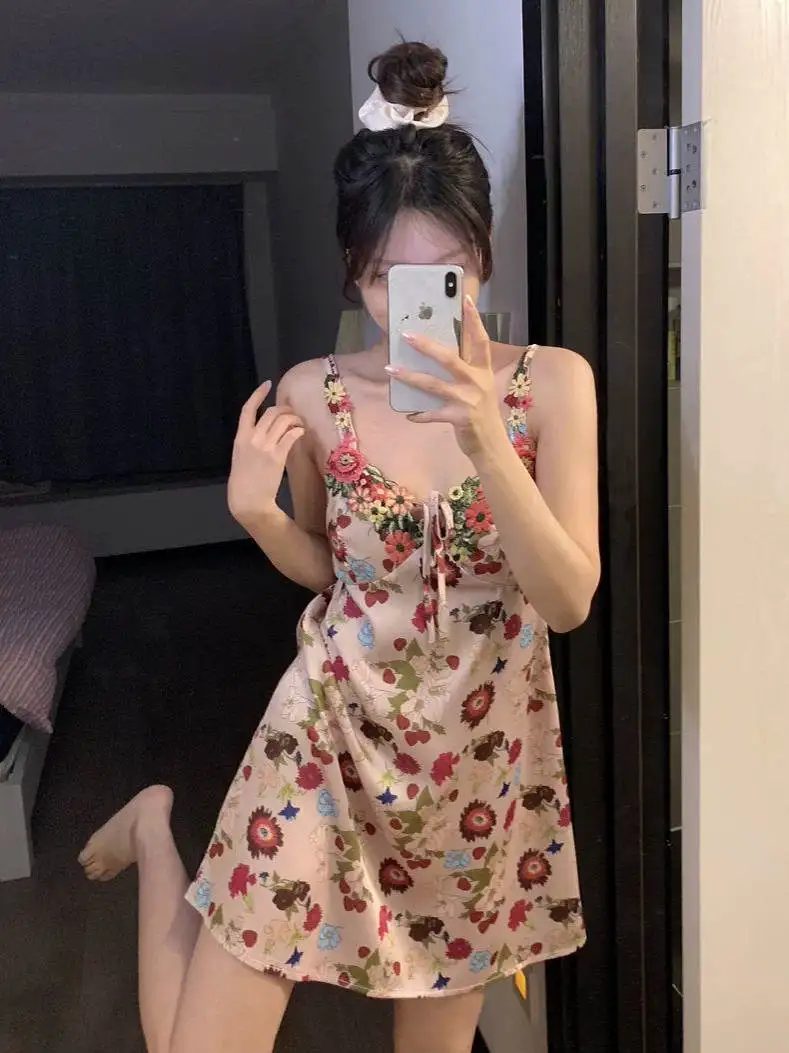 plus Size Sexy Floral Print Chemise Nightgown Women's Summer Home Clothes Short Sleeve V-Neck Pullover Comfortable Sleepwear