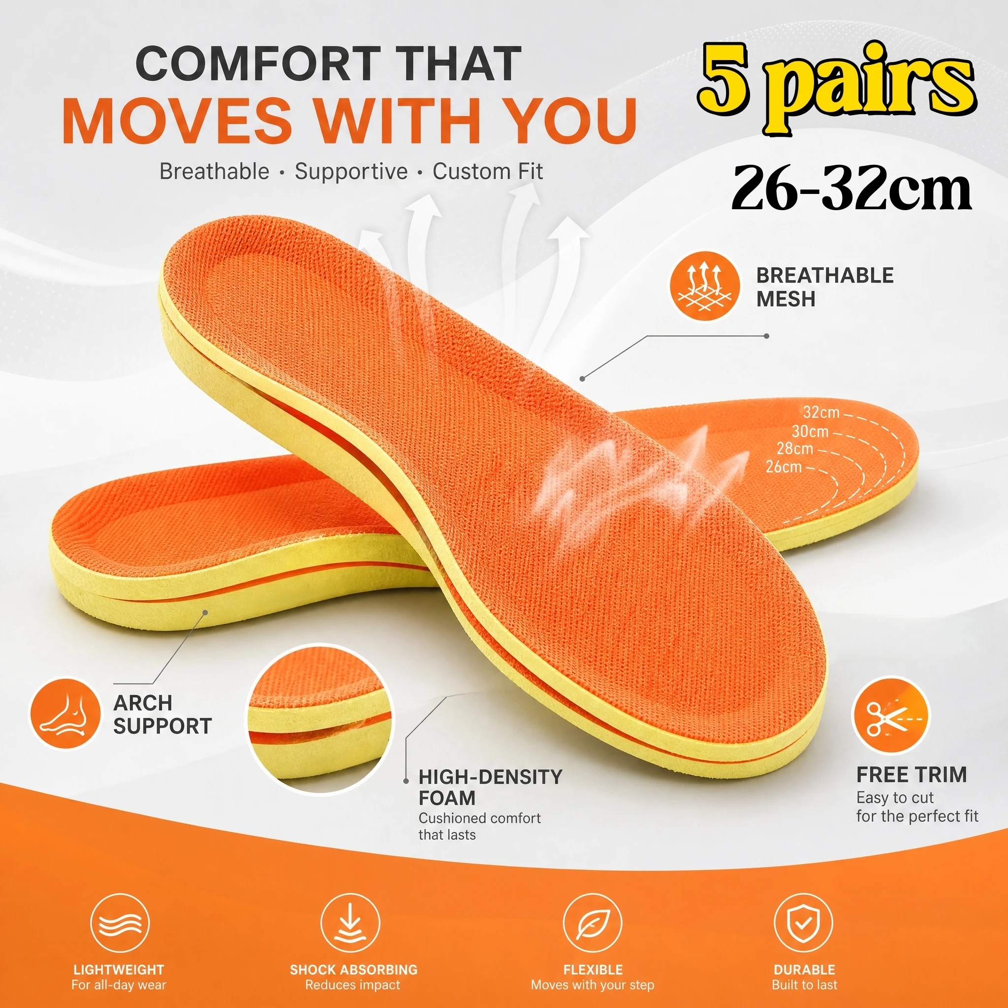 5 Pairs Large Size Casual shoe insoles Breathable Shoe Insoles Shock-absorbing Non-slip insoles Odor-resistant Sports insoles