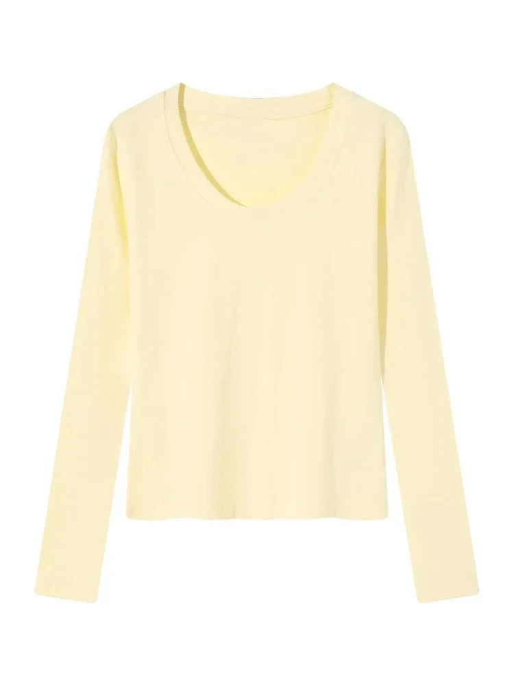 Koreanischer Stil Damen Herbst T-Shirt Langarm U-Ausschnitt Minimalistisches Einfarbiges Weiches Schlankes Basic-Layering-Oberteil Lässiges Strick-Top – Detail 3