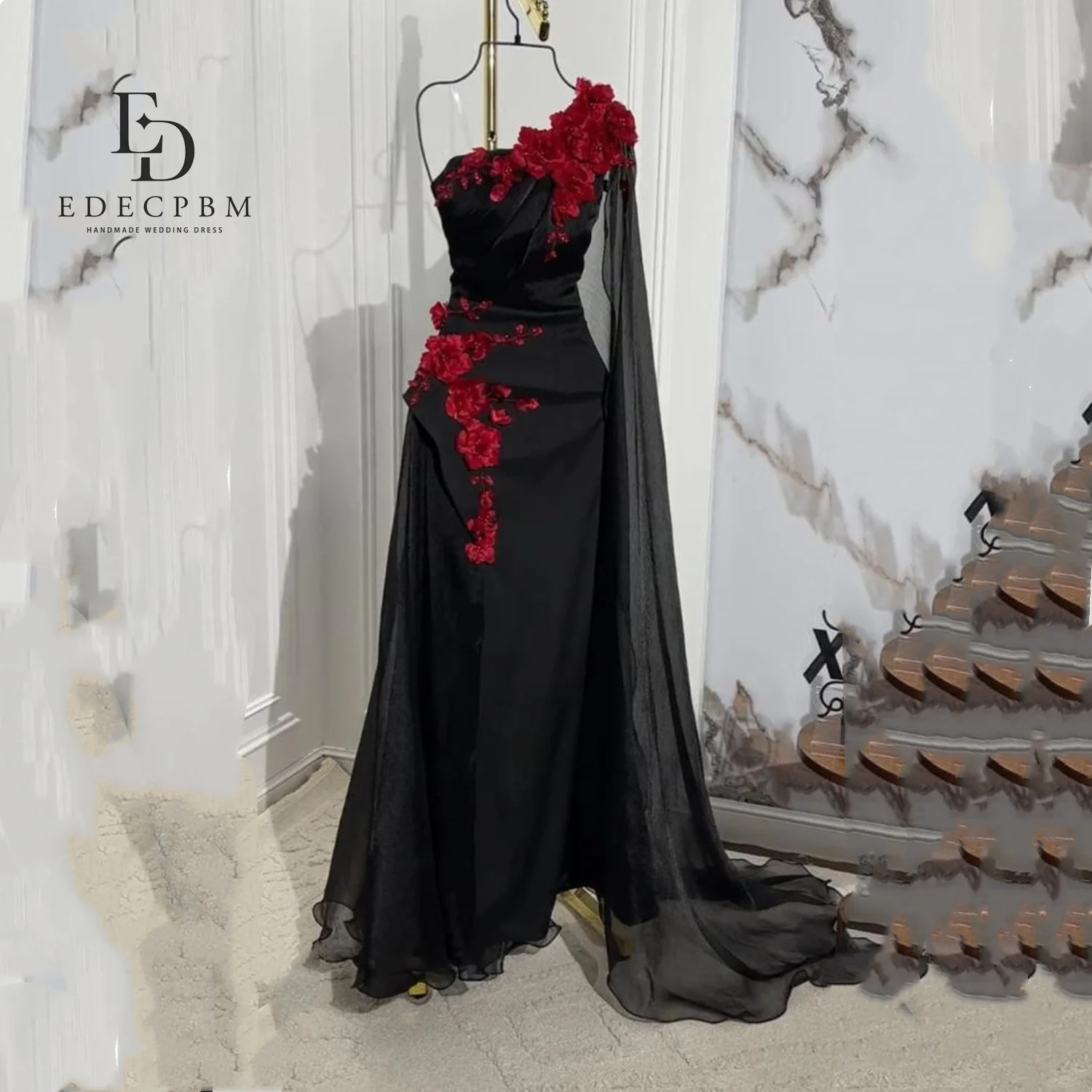EDECPBM Robes De Festa Robes De Soirée Élégantes 2025 فساتmaveraRobe De Soirée pour Femmes Personnalisées Fleurs 3D Châle Noir Bal