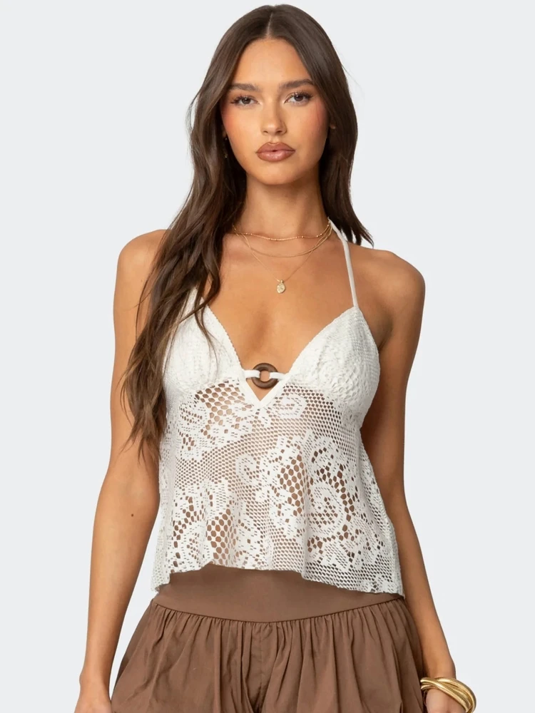 

Elsa Bohemian Style Hollow out Sexy V-Neck Lace Holiday Backless Strapless Top Women's Halter Neck Crop Top Breathable Summer