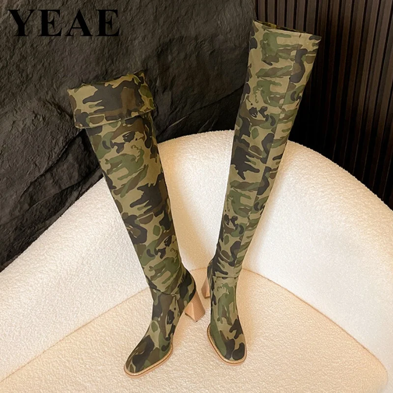 New Camouflage Denim Thigh High Boots Women Round Toe Thick High Heel Over-the-Knee Boots Winter Slip On Long Women\'s Boots 2024