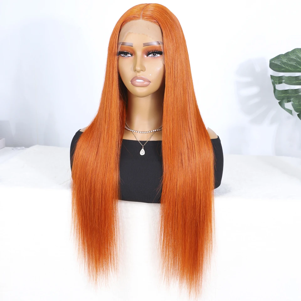 Orange Human Hair Wigs For Women 13X6X1 Lace Front Wigs 26 Inch Orange Colored Remy Brazilian Hair Wigs Straight Bob Lace Wig