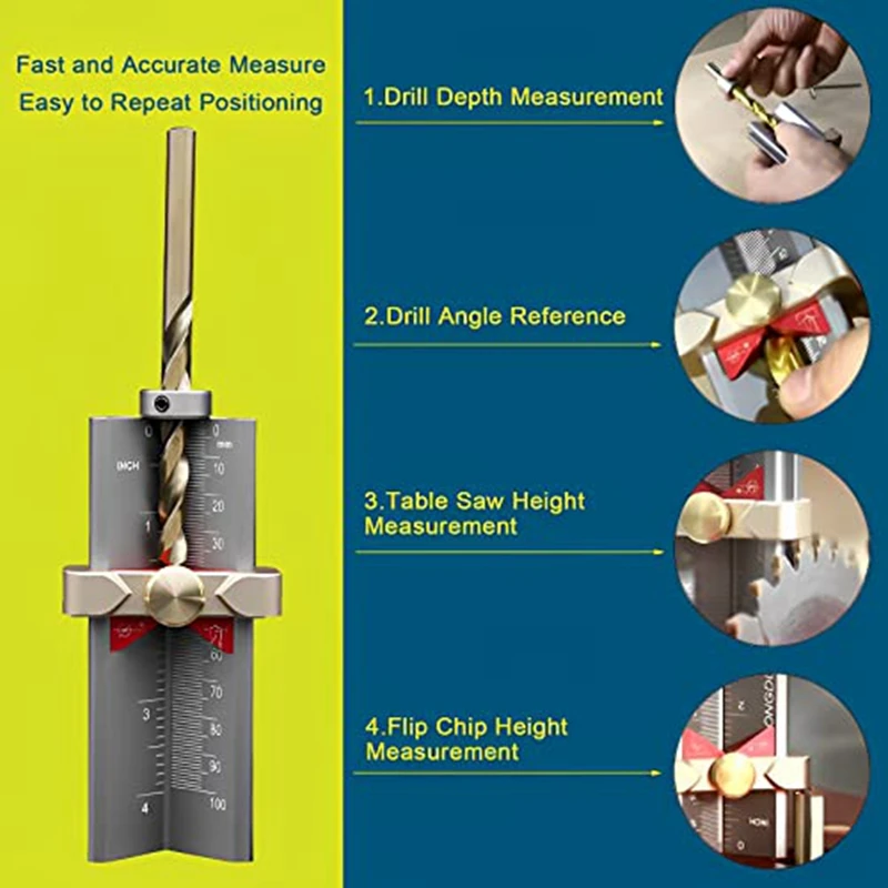 Drill Depth Measuring Gauge 3 In 1 Multifunction Depth Gauge Miter Gauge Drill Stop Measure With 3-10Mm Limit Rings