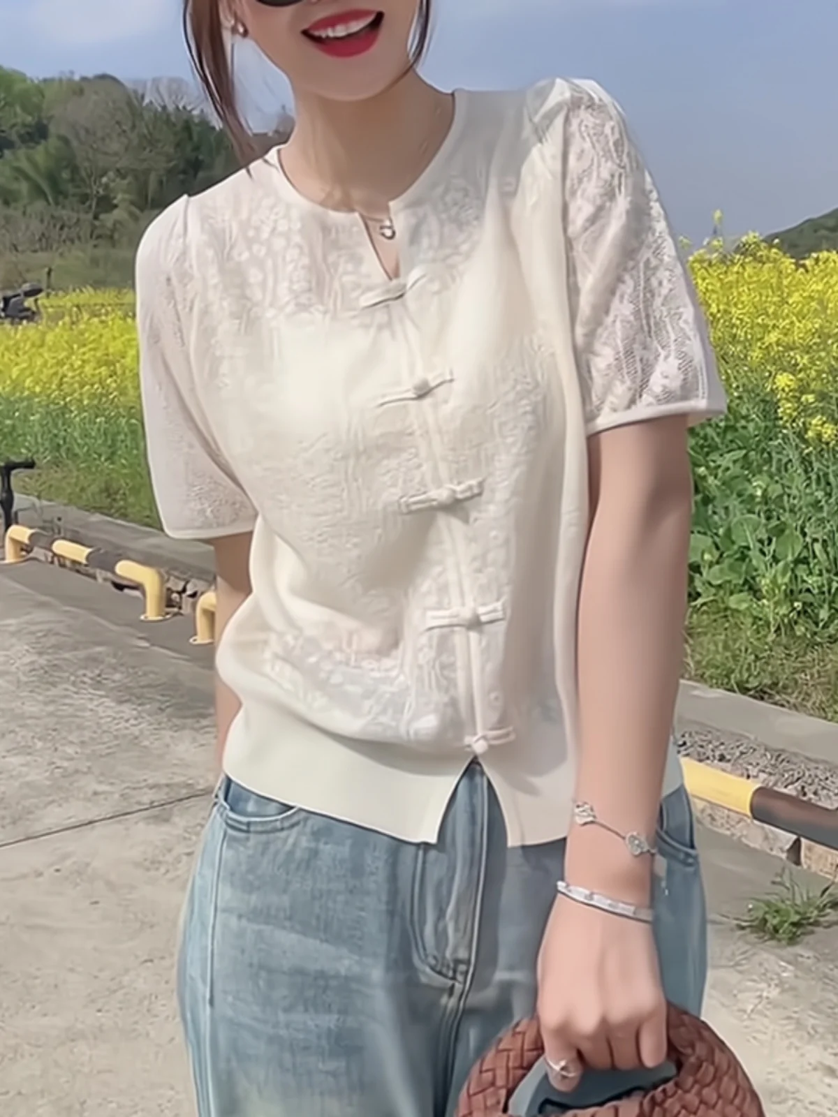 

Faionable Versatile Slim Fit Thin Color Summer Design Sensation National Sle Hollow Button ort Sve T irt for...