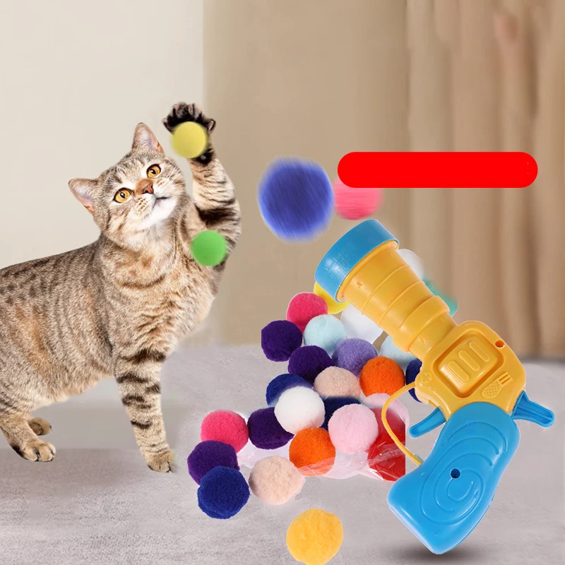 Cat Toy Gun Furry Ball Bullets Pet Product Interactive Kitten Cap Rifle Play Ball Toy for Cat Plastic Gun