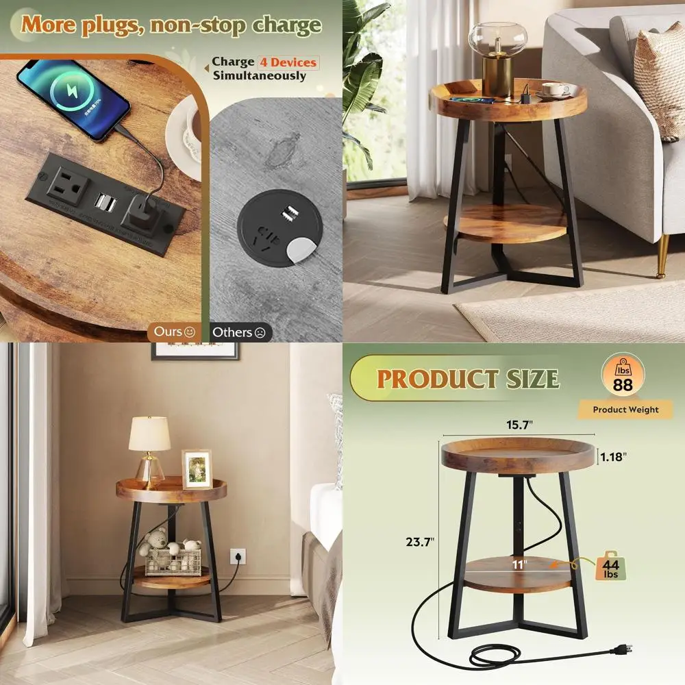 

Charging Station Round End Table, Compact Coffee Table, 2-Tier Living Room Side Table, Rustic Brown Sofa Couch with Wooden Top a