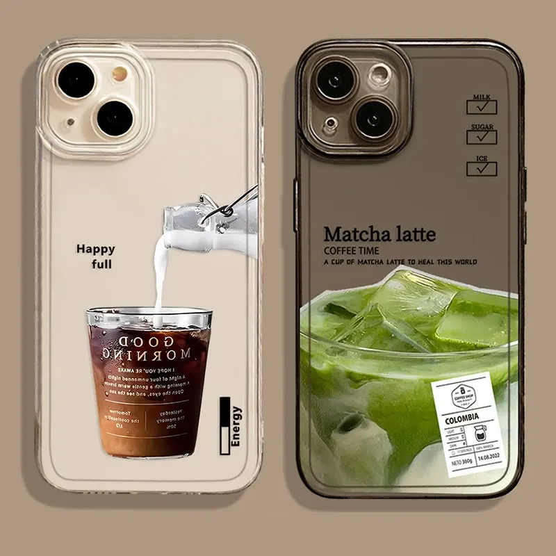 Funny Iced Coffee Phone Case for IPhone 16 15 11 12 14 13 Pro Max Mini XR SE2 7 8 Plus Cute Cartoon Matcha Milk Clear Cover Skin