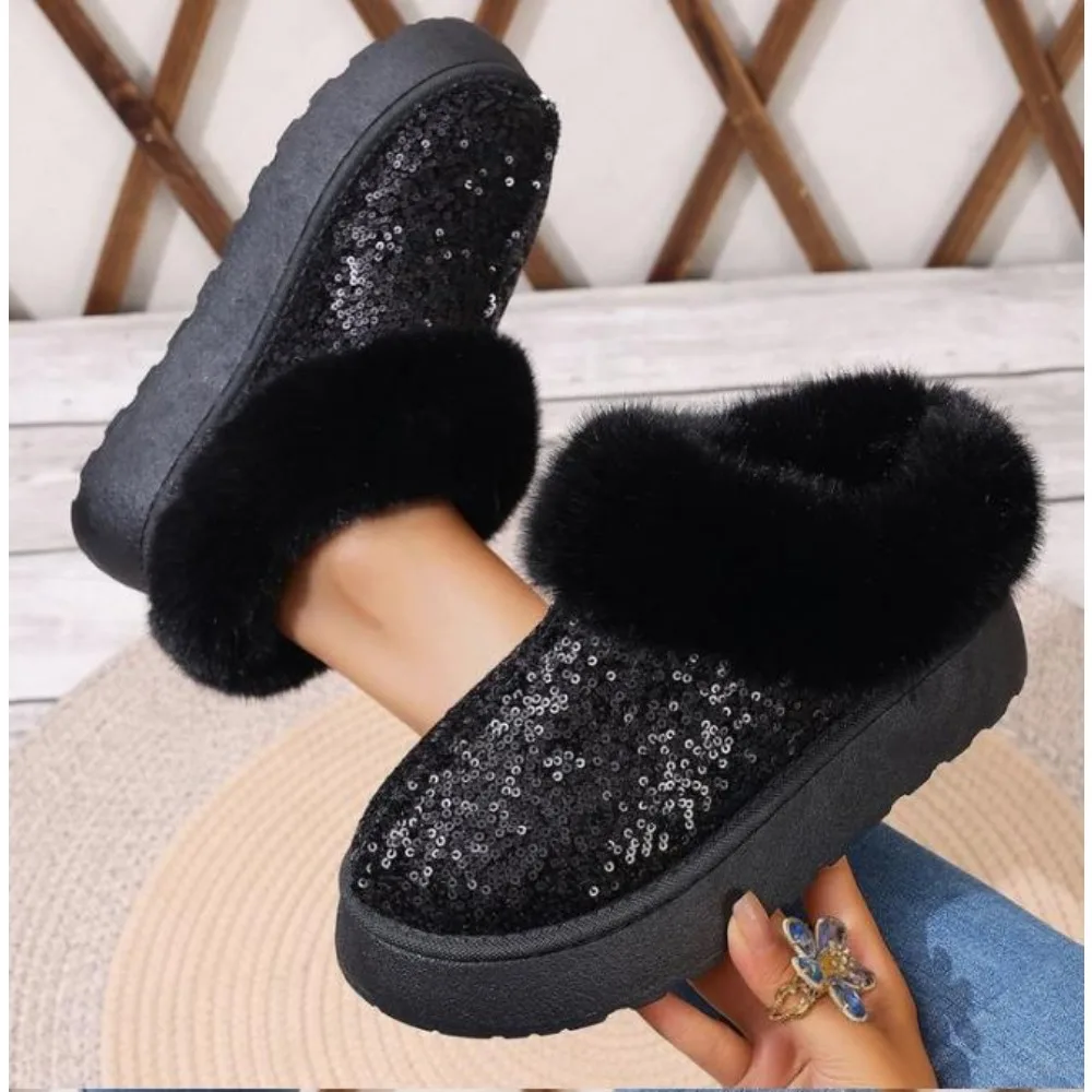 

Faux Fur Winter Boots Women 2024 Fashion Sequined Cloth Warm Snow Boots Woman Non-Slip Thicken Plush Ankle Booties Plus Size 44