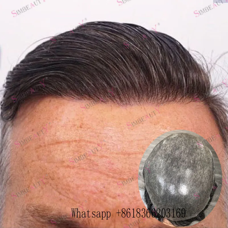 

Super Natural Hairline#350 #440 Undetectable Brown With Grey Human Hair Men Toupee Capillary Prosthesise Full Skin Base Male Wig