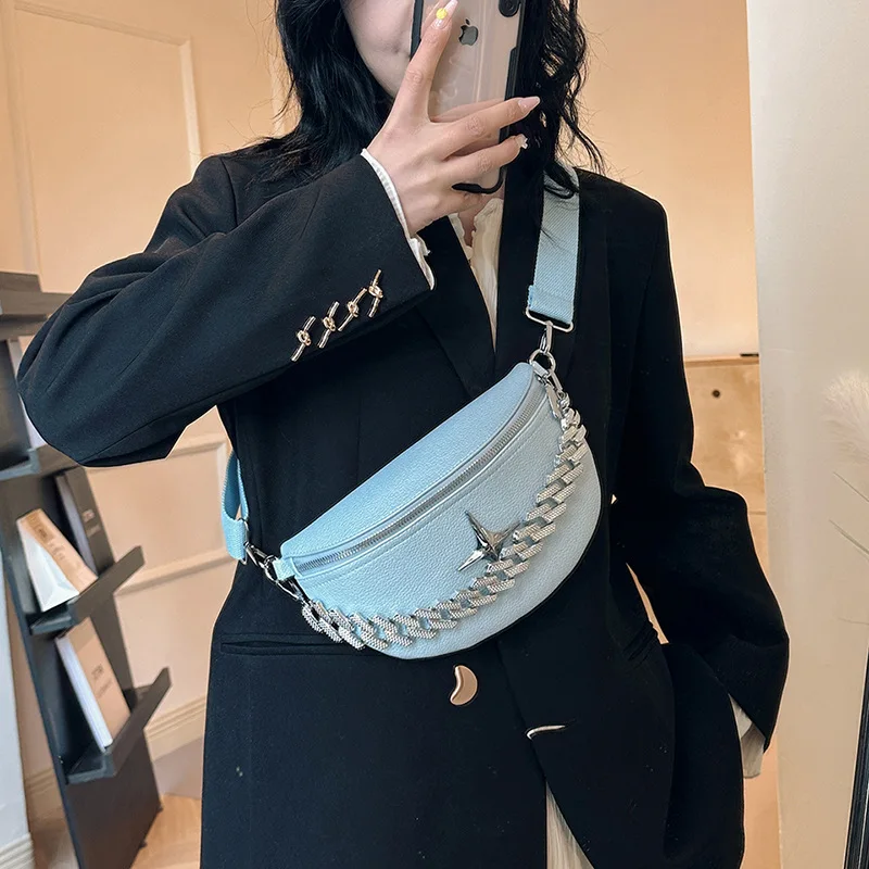 Women\'s Chest Bag Fashion Versatile Waist Bag Soft PU Leather Fanny Pack Street Trend Chain Half-moon Crossbody Bag Sling Bags