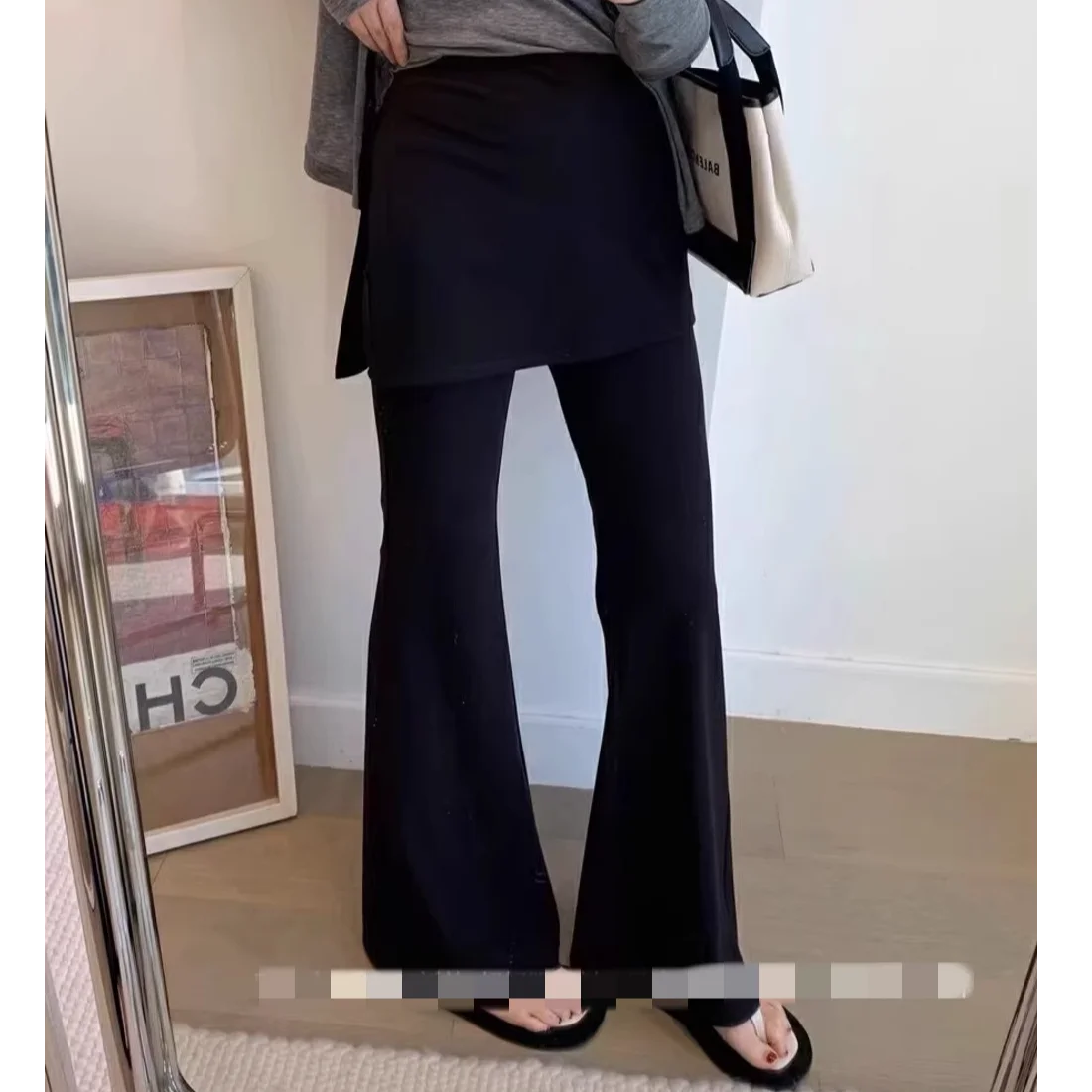 High Waist Flared Pants Women's Casual Trousers Korean Style Chic Vintage Side Slit Fake Two-Piece Butt Covering Slimming