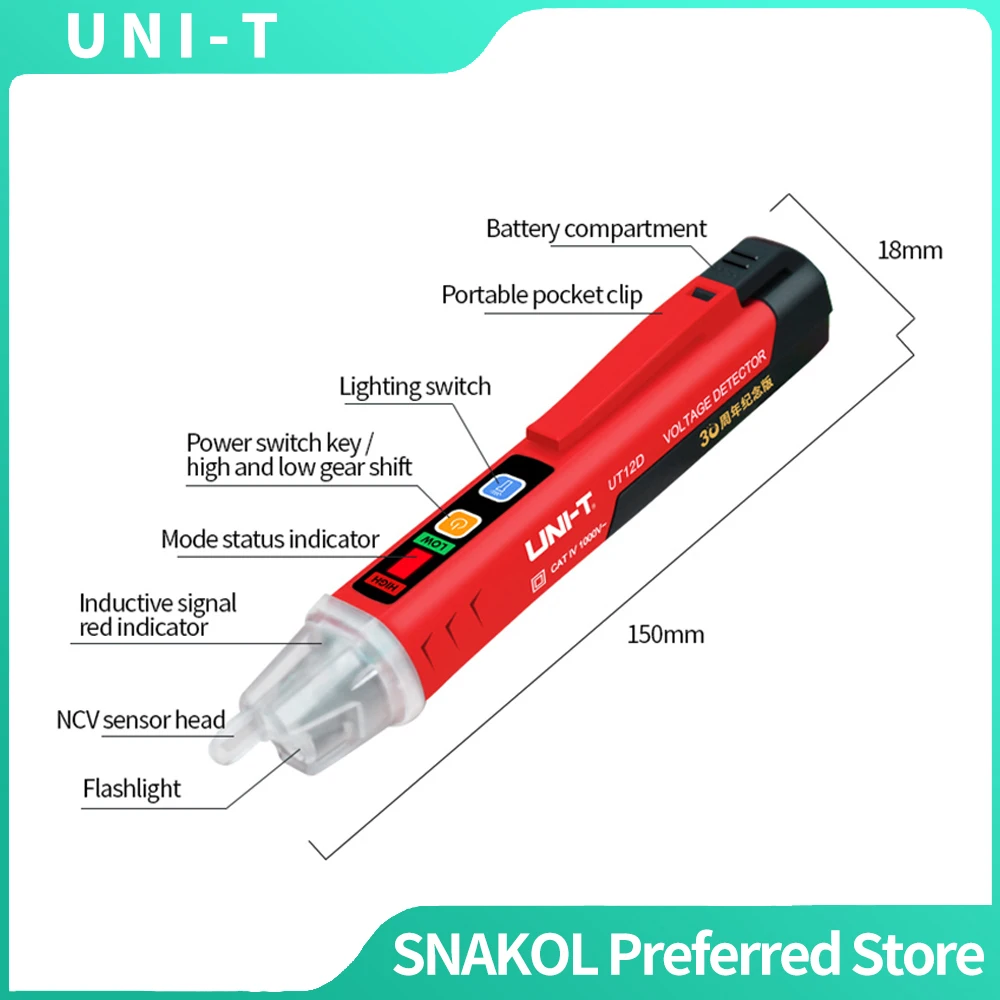 

Бесконтактный детектор напряжения UNI-T, двухрежимный (высокое/низкое напряжение) портативный электрический тестер-ручка 1000В для дома и электриков