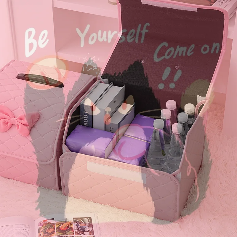 

Pink/White Car Organizer: Foldable Trunk Storage Box w/Partitions - Women's SUV & Sedan Multi-Use Tote