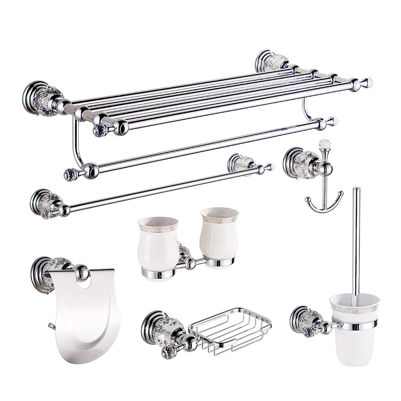 

Европейский хрустальный набор вешалок для полотенец, полка для ванной комнаты, хромированный держатель для туалетной щетки, настенная фурнитура для ванной комнаты, набор туалетного столика
