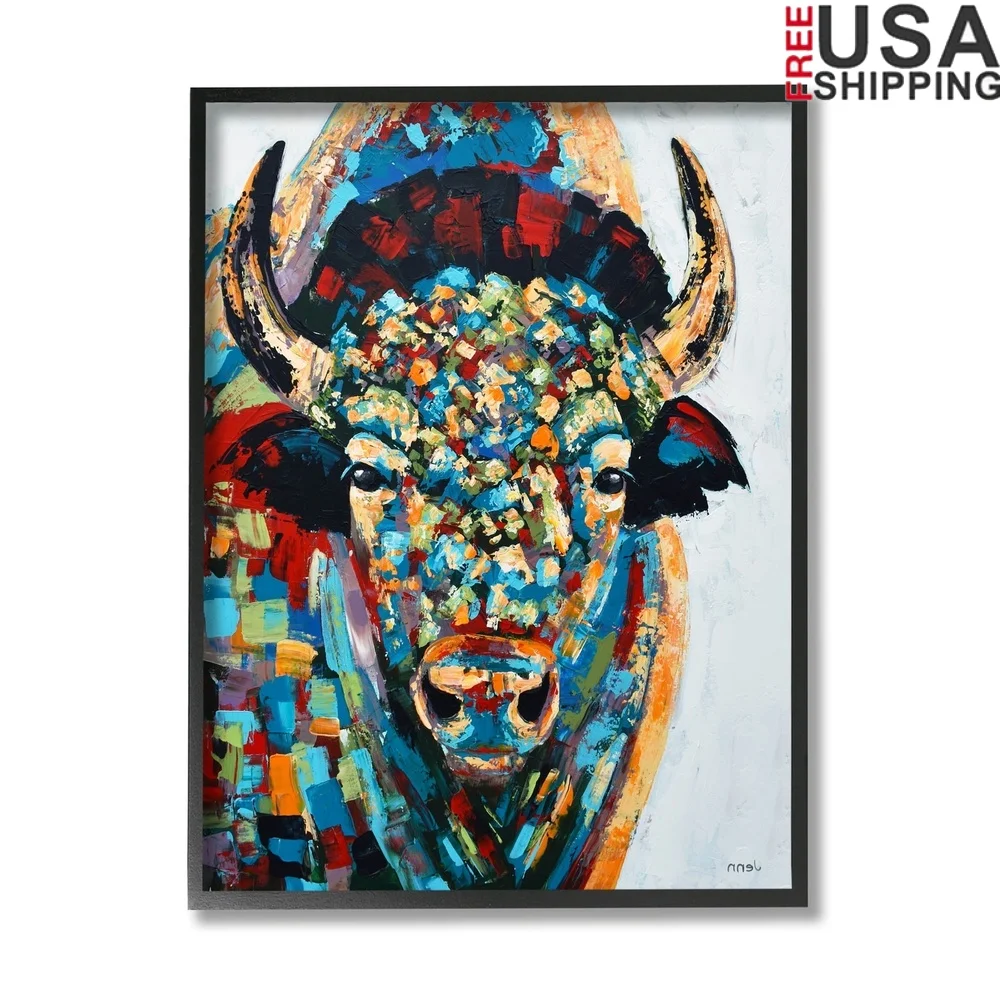 

Abstract Bison Wall Art Framed Animal Print Modern Gic Painting Ready to Hang Textured Home Decor Living Room Office