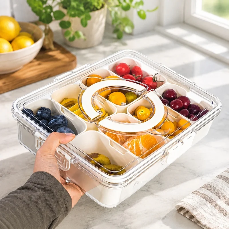 8-Section Portable Snack Organizer Tray with Lids for Fruits, Nuts, Candy - Refrigerator Storage Container