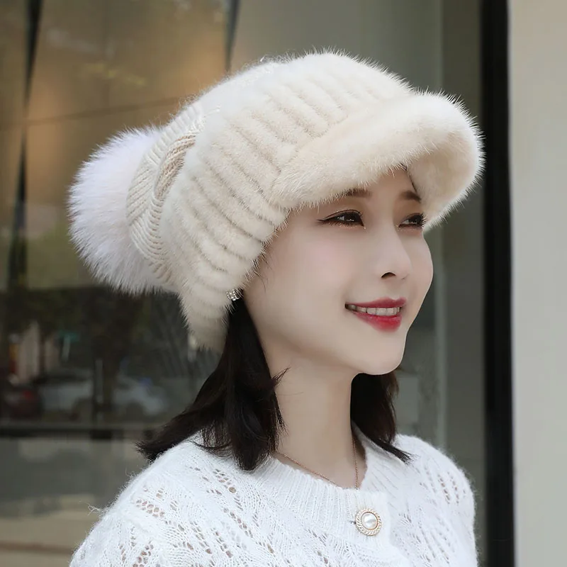 

Genuine Mink Fur Hat with Brim Knitted Wool Winter New Fluffy Fox Fur Pompom Baseball Cap