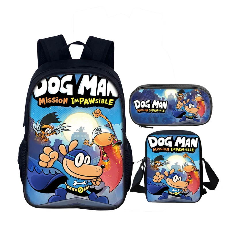 Dogman Cartoon 3-delige set Kind Schoolrugzak met schoudertassen, Potloodtassen Schooltassen voor Jongens Meisjes Beste Cadeau
