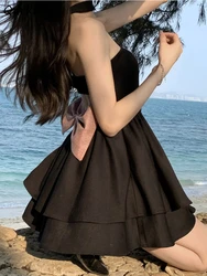 Halter Black Dress Women Mini Sexy Summer Big-Bow Kawaii High Waist Vestidos A-line Hotsweet Korean Fashion Clothing Bodycone