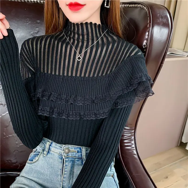 Mesh Splicing Knitted Sweater 2024 New Autumn Winter Elasticity Slim Turtleneck Sweater Long Sleeve Office Lady Elegant Shirt