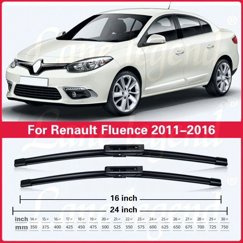 Frente Janela Pára-brisas de Borracha Recarga Limpador para Renault Fluence, Carro Wiper Blade Acessórios, LHD, 24 "+ 16", 2011-2016