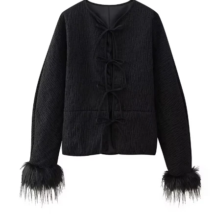 

New Women Bow Lace Up Black Cotton Jacket Cuff Feather Decoration Fashion Chic Loose Blazer Autumn/Winter Outerwear