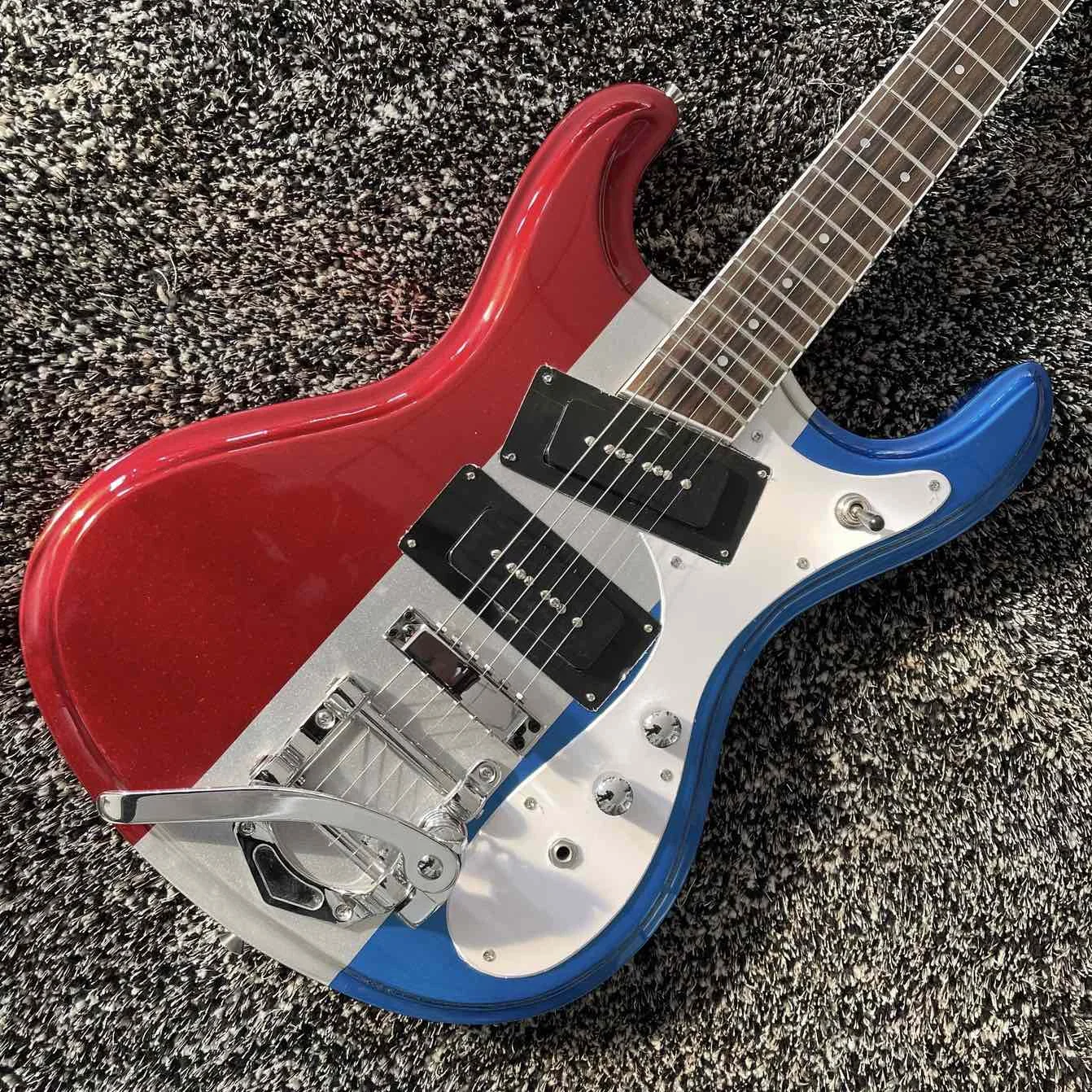 Custom Mosrite Johnny Ramone Venture Red White Blue Color Electric Guitar with Bigs Tremolo Bridge, Dark Aqua White Pickguard, B