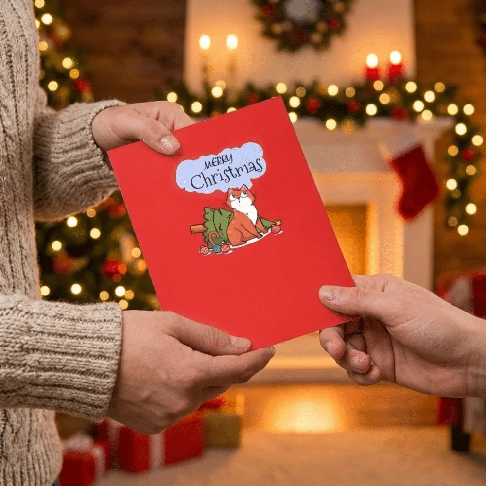 Cute Amusement Park Theme Cat Christmas Greeting Card Paper Carved Handmade 3D Pop Up Card with Envelope Xmas Card Blessing Gift
