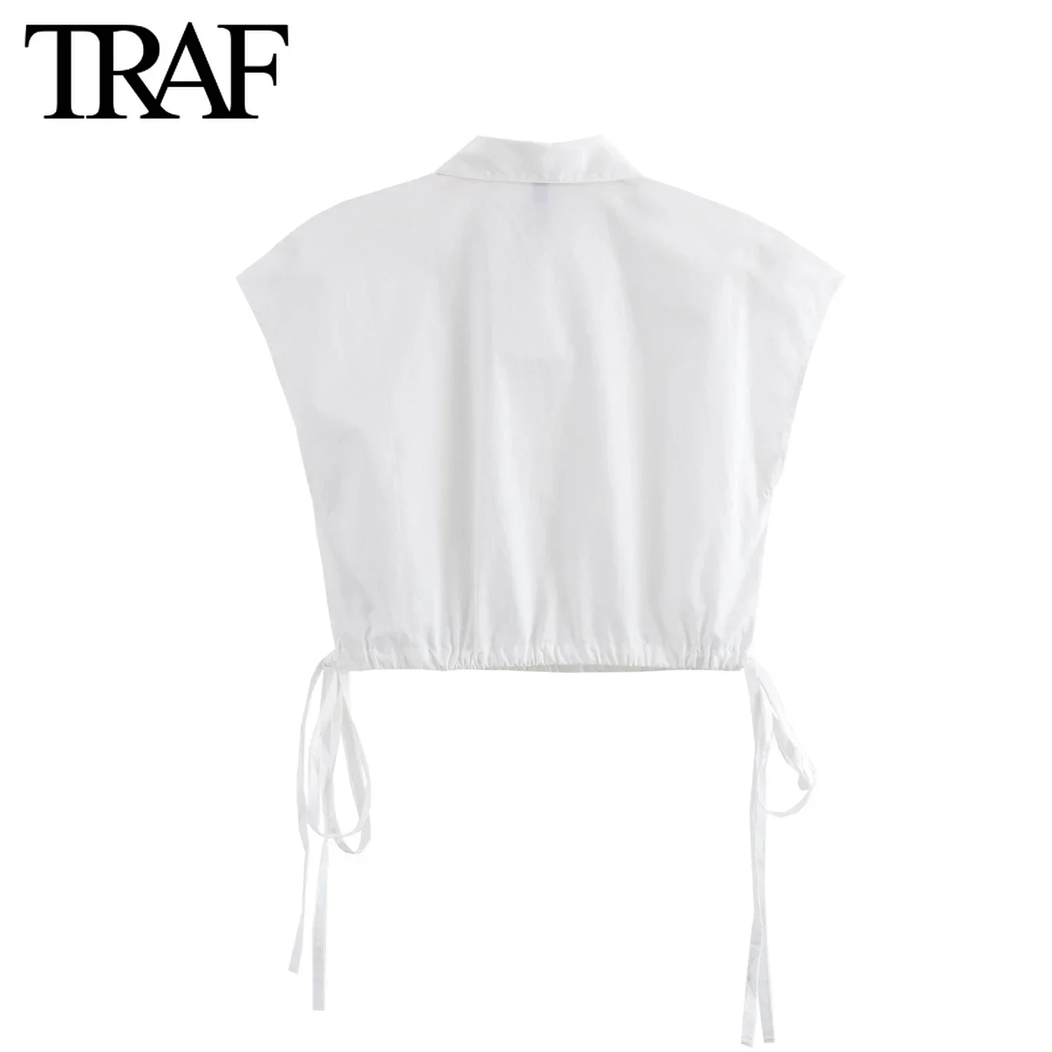 TRAF Women Fashion Summer New Sleeveless Single-breasted Lapel Lace-up Design Short Blouse Street Clothing Shirt Chic Ladies Top