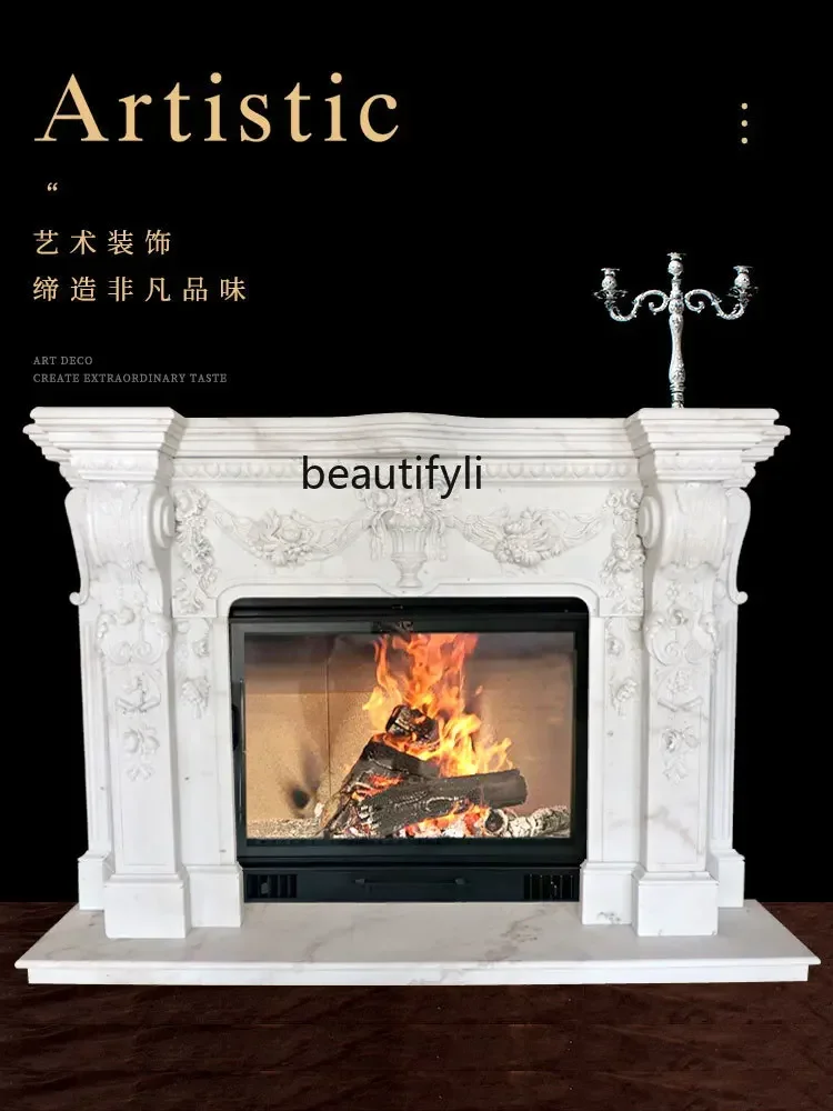 White marble European rich flower fireplace home improvement living room stone background wall French mantel