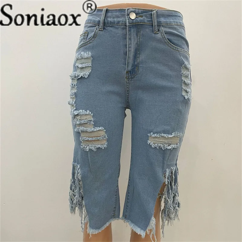 2022 Zomer Bermuda Vrouwen Ripped Katoen Knie Lengte Hoge Taille Toevallige Denim Shorts Dames Blue Sexy Straight Jean Shorts