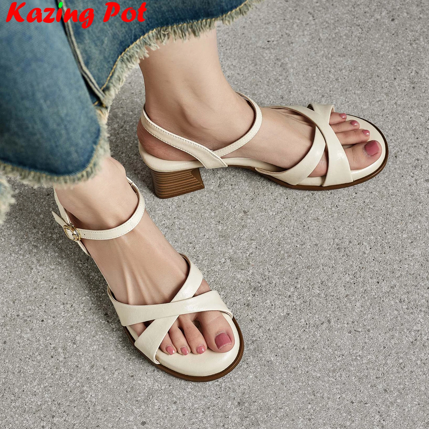 Plus Size 34-41 Cow Leather Buckle Strap Peep Toe Summer Shoes High Heels Dating Concise Office Lady Retro Modern Women Sandals