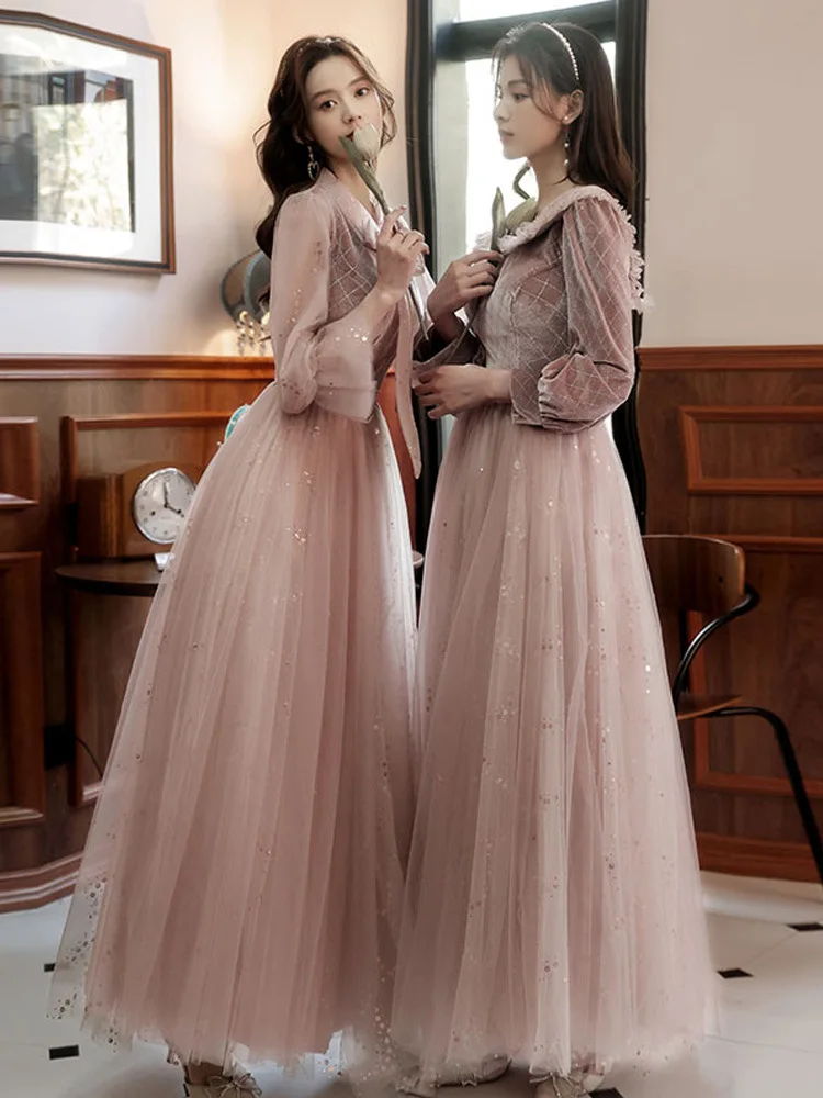 

Autumn Winter Bridesmaid Dress New Women's Long Sleeve Corduroy Lace Splicing Style Dress Wedding Sisters Group Evening Dresses