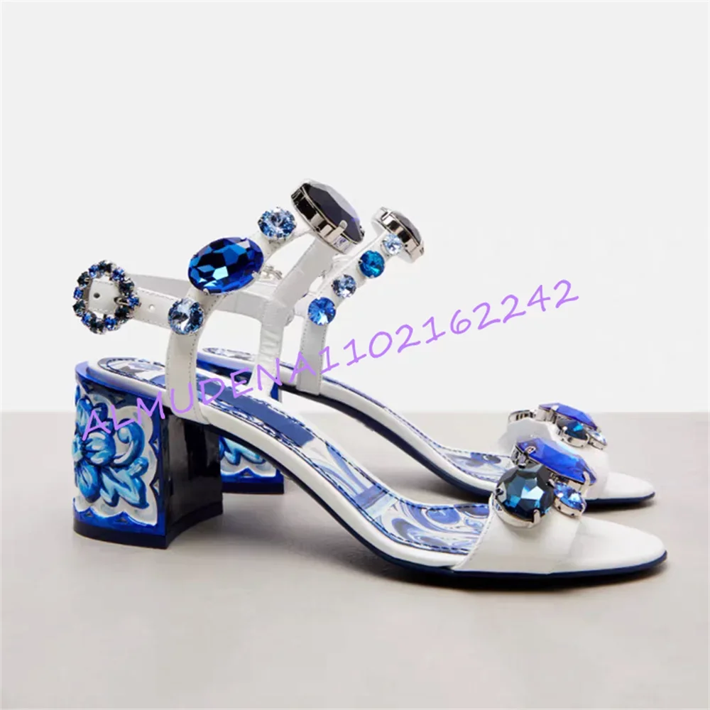 2026 New Women'S Print Sandals Red Crystal Rhinestone Decor Chunky Block Heel White Leather Open Toe Ankle Strap Buckle Footwear image 6