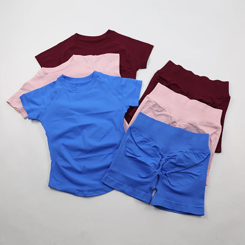 

Бесшовный комплект для йоги, облегающая тренировочная одежда, женская спортивная одежда, топ с короткими рукавами, рубашка, спортивные шорты, спортивные костюмы из 2 предметов