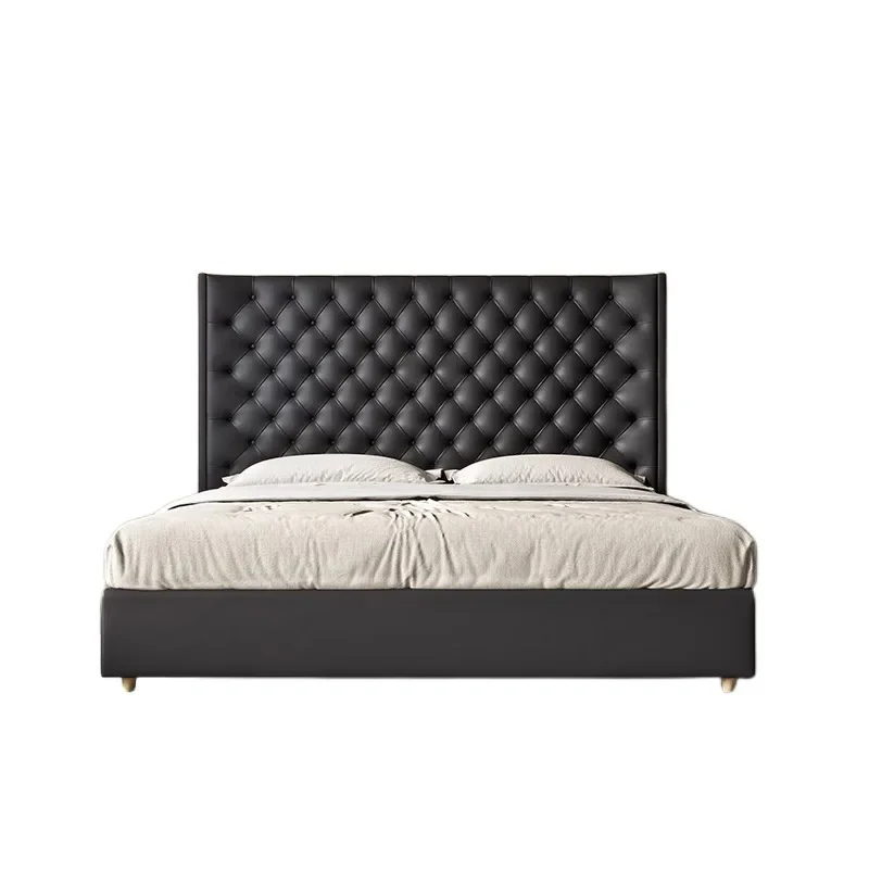 

Silent wind retro black leather art bed modern simple homestay master bedroom pull button designer double soft bag high back bed