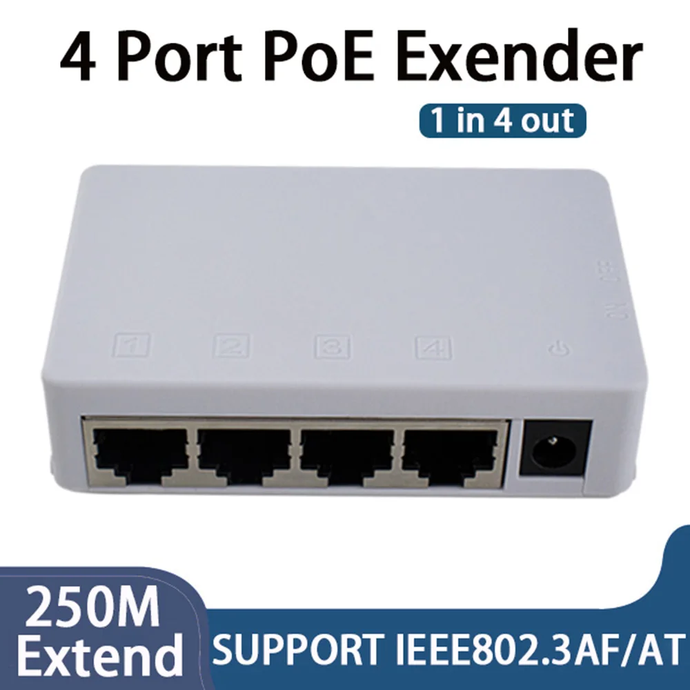 

Huitenda 4 Port POE Extender 100Mbps 1 in 4 Out 250 Meters Network Switch Repeater IEEE802.3af/at for PoE Switch NVR IP Camera