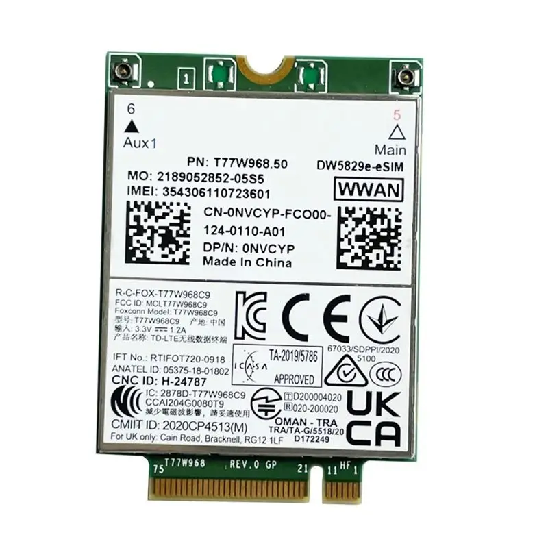 T77W968.50 Dw5829e-ESIM M.2 4G модуль-модем Cat9 450 Мбит/с TDD-LTE 4G модуль для ноутбуков Dell 7320 7330 7520 7530 7430 -B12B