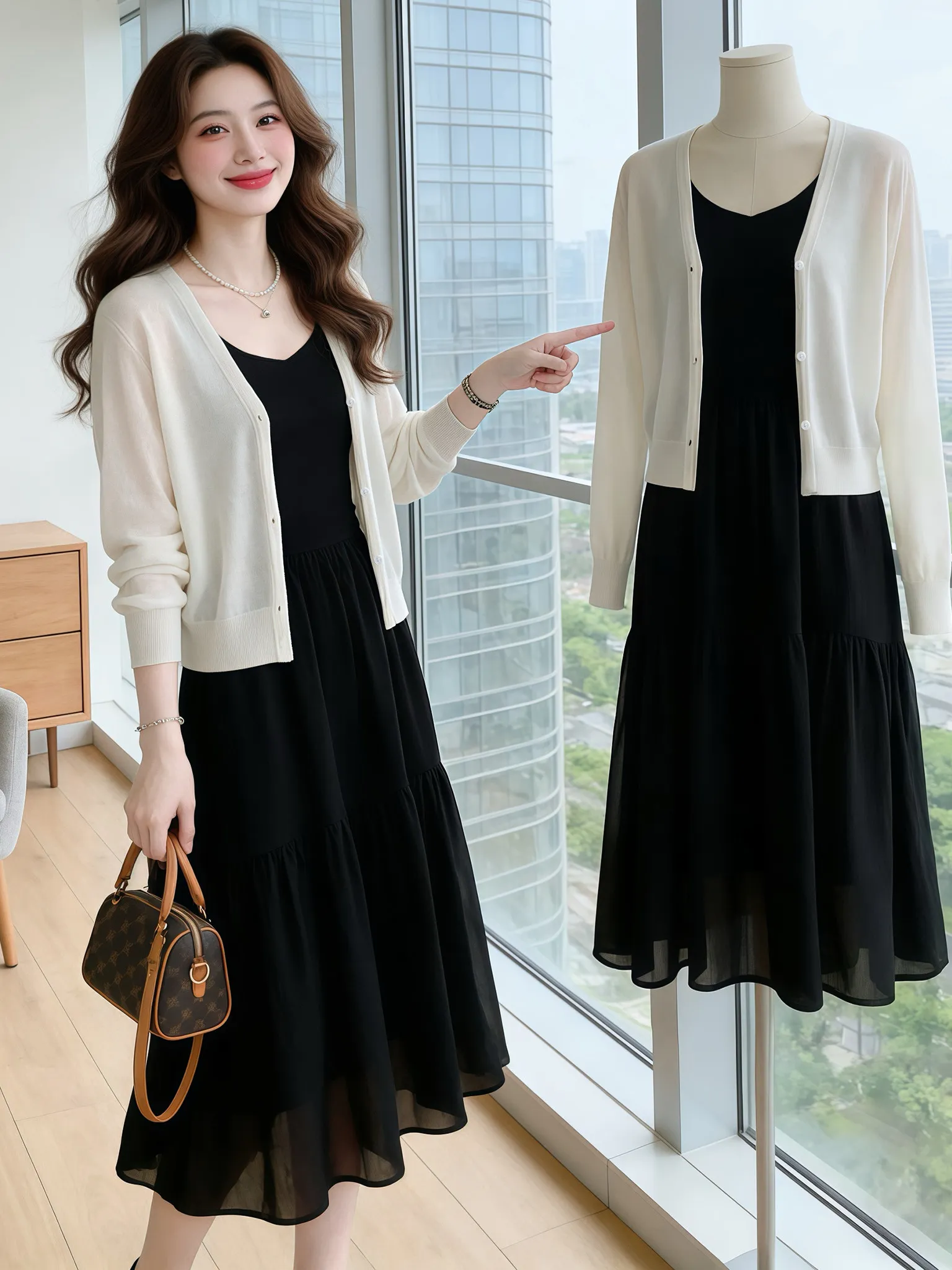 

Elegant Summer New Women's Dress Set Ice Silk Knitted Outerwear Long Strapless Gown Fashionable Commute Style mid High Waist