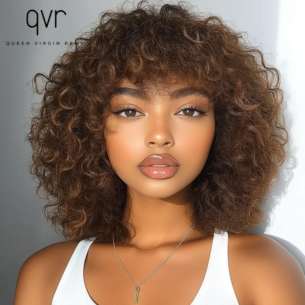 

Top Rated Afro Kinky Human Hair Wigs for Women Short Bob Style Machine Made With Bangs 180D Density Affordable Voluminous Curls