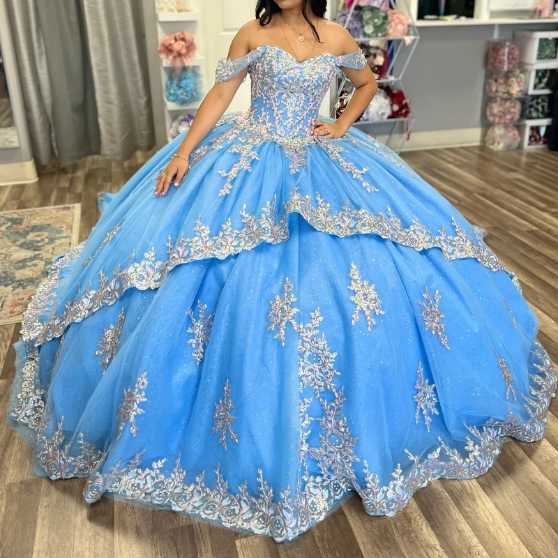 

Light Blue Shiny Quinceanera Dress Ball Gown Off The Shoulder Lace Applique Beads Tull Corset Sweet 16 Vestidos De 15 Años