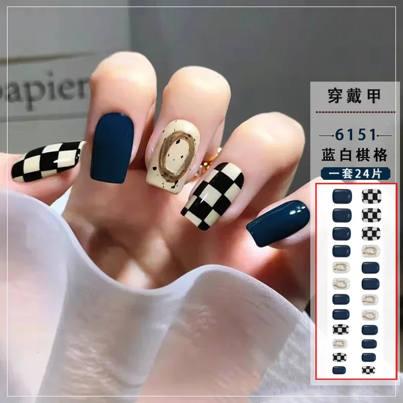 24Pcs/Box 2022New Checkerboard Nail Art  Full Cover Artificial Fake Nails Coffin Cute Kawaii Ballerina Press on Nails Set