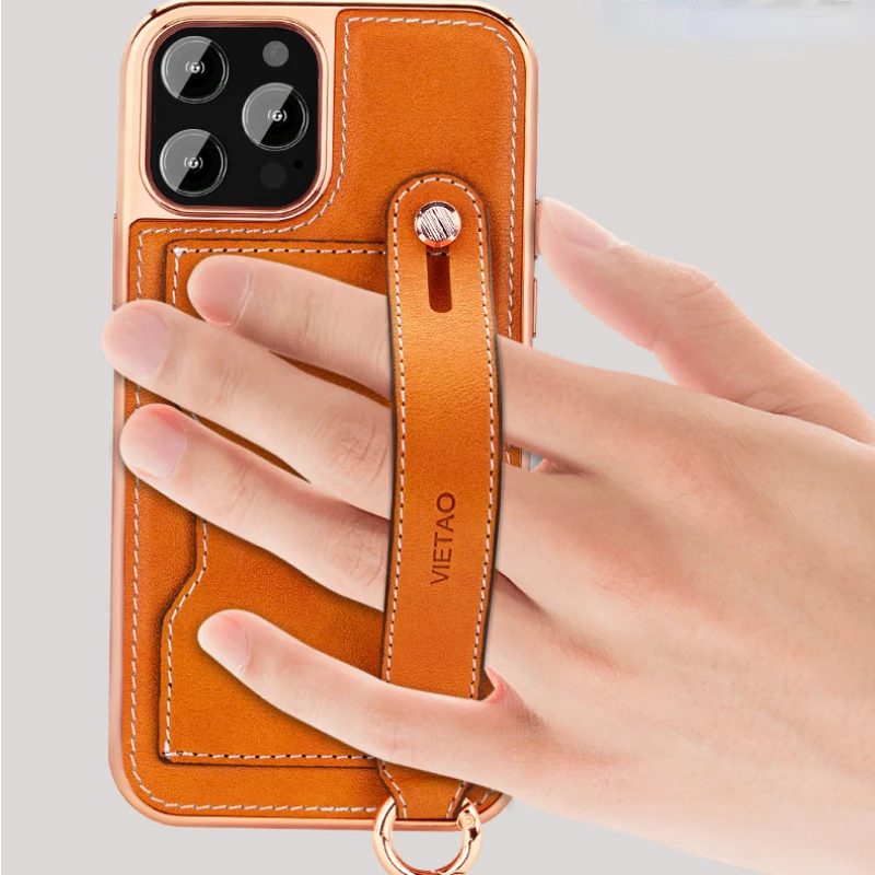 

Suitable for iPhone 15 plus Wristbandphone Case13promax Lanyard Card Bracket 12pro All-inclusive Electroplating 14 Leather Cover