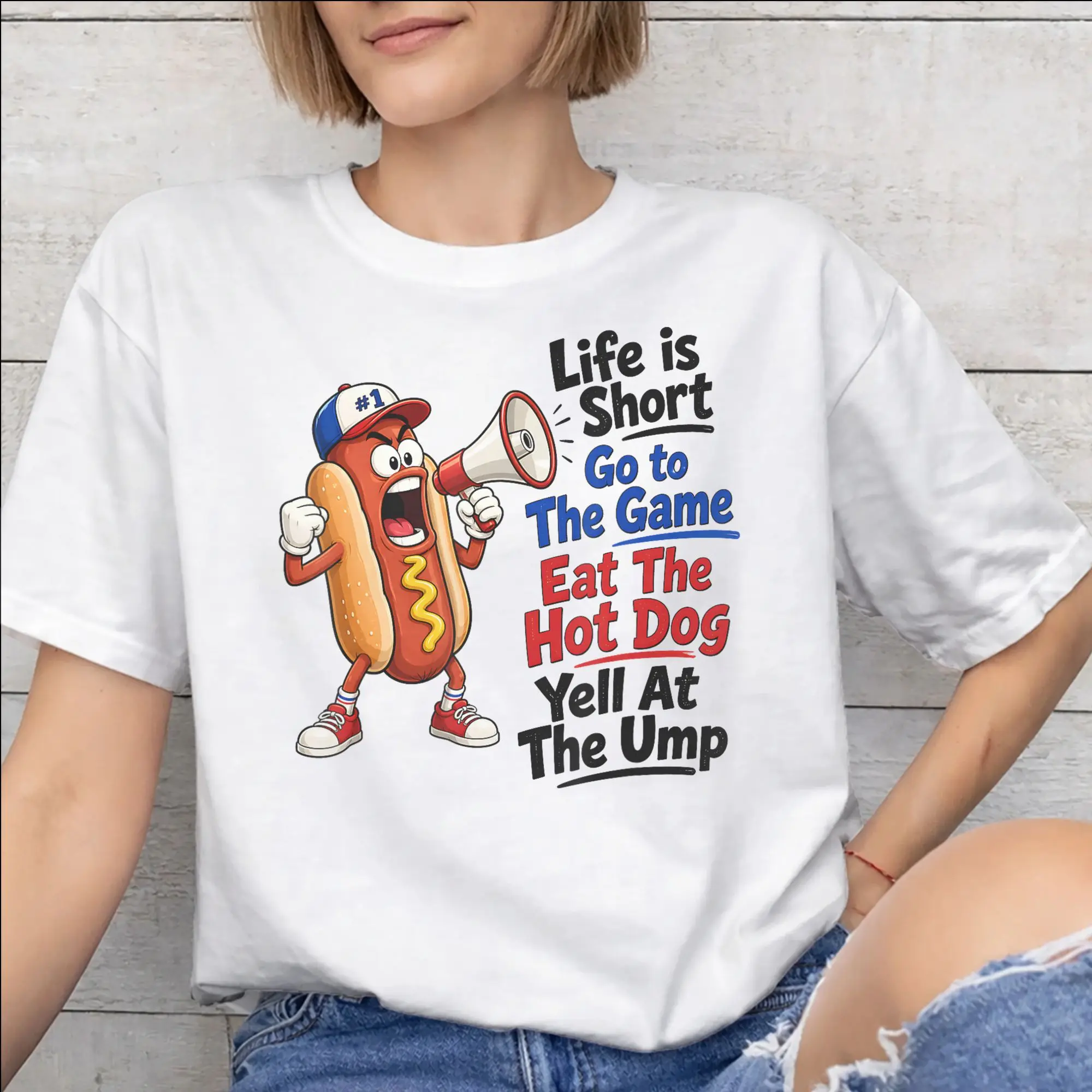 New Arrival Life is Short Go to The Game Eat The Hot Dog Yell At The Ump T Shirt for Men Women Cotton T-shirts Short Sleeve Tops
